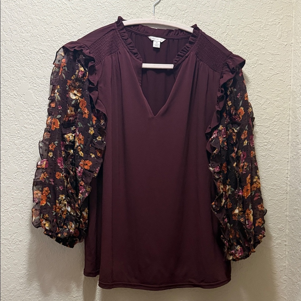 Like New, Women's Burgundy Floral Ruffle Sleeve Blouse, Size M